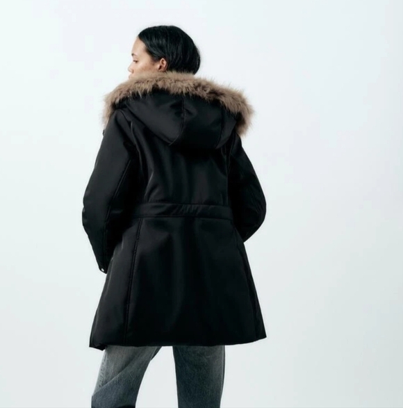 Zara Jackets & Blazers - Women's Black Parka Coat with Faux Fur Trim Hood
